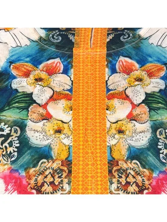 Floral Print Multicolor High-Low Blouse With Orange Accents Size L Tropical - Picture 5 of 7